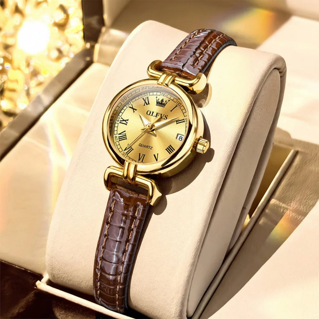 Luxury Vintage Gold Quartz Wrist Watch with Roman Numeral Dial & Leather Strap