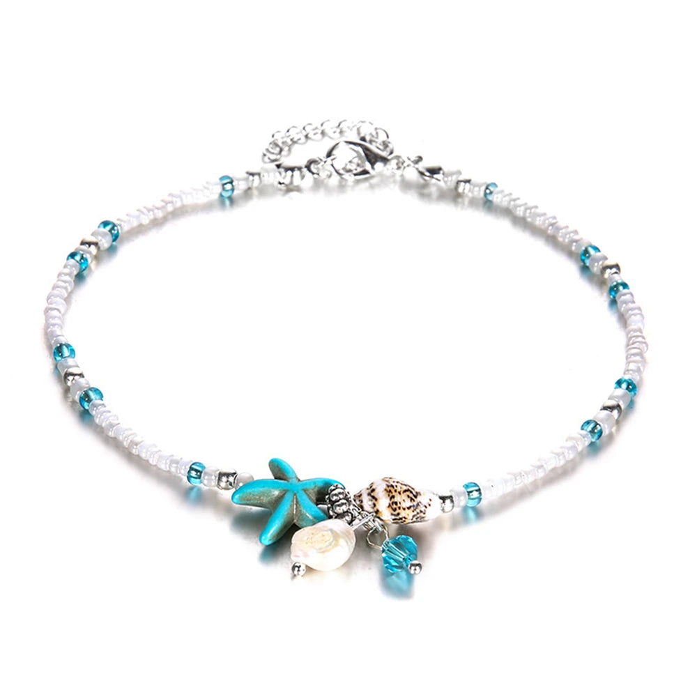 Bohemian Turquoise Starfish Beaded Anklet with Adjustable Chain