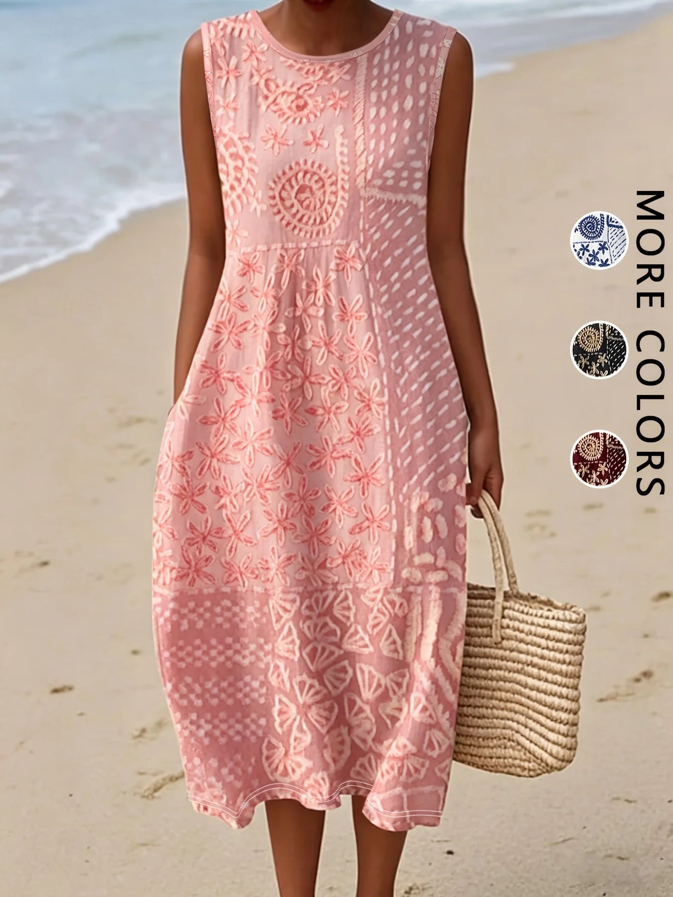 Sleeveless Bohemian Floral Midi Dress with Pockets