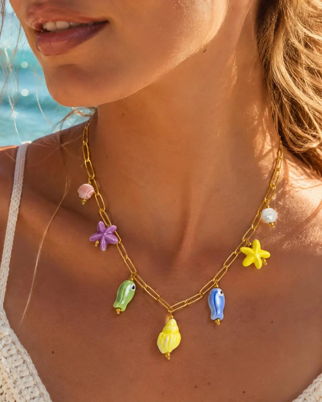 18K Gold Plated Stainless Steel Beach Charm Necklace with Pearl, Shell & Starfish