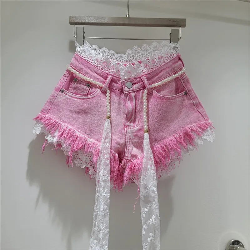 Raw Hem Denim Shorts with Crochet Lace Trim & Pearl Belt