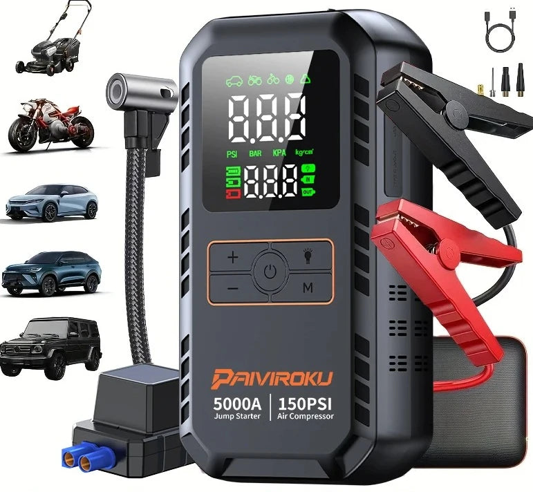 4-in-1 5000A Car Jump Starter with 150 PSI Air Compressor, Tire Inflator & Portable Power Bank