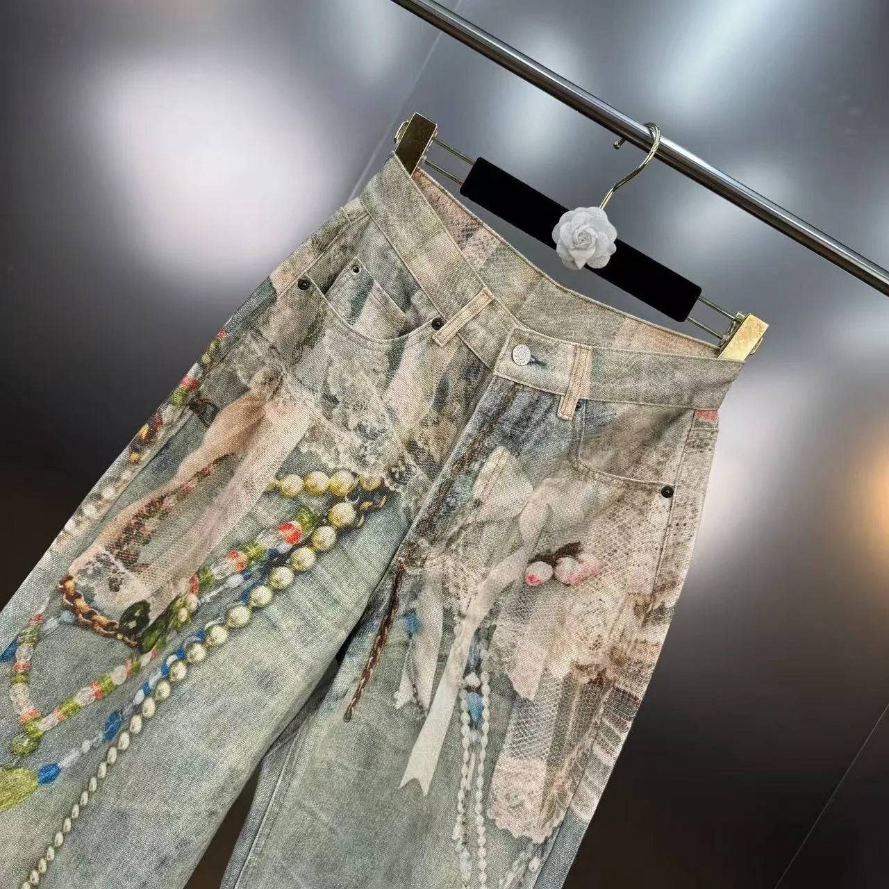 Premium High-Waist Straight Leg Jeans with Lace, Pearl & Chain Detail