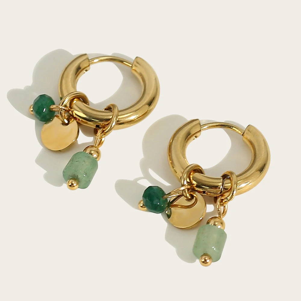 18K Gold Plated Stainless Steel Hoop Earrings with Natural Green Stone