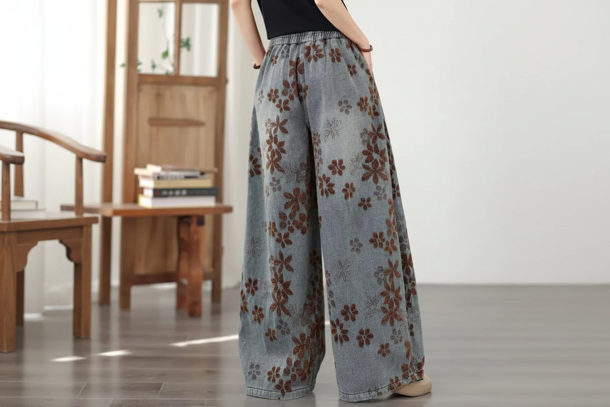 Premium Wide Leg Denim Jeans with Jacquard Flocked Detail & Elastic Waist