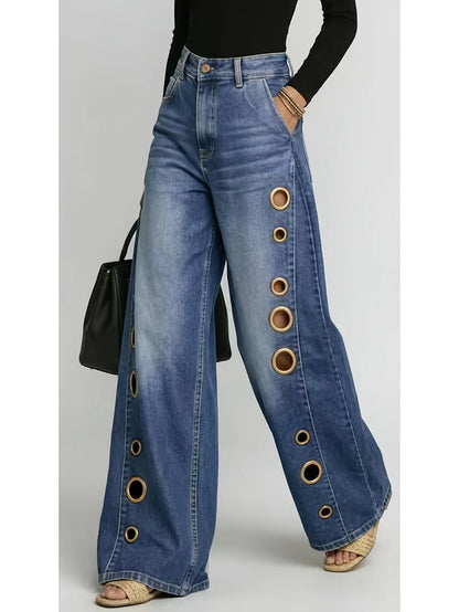 High-Waist Wide-Leg Denim Jeans with Gradient Metallic Eyelet Detail