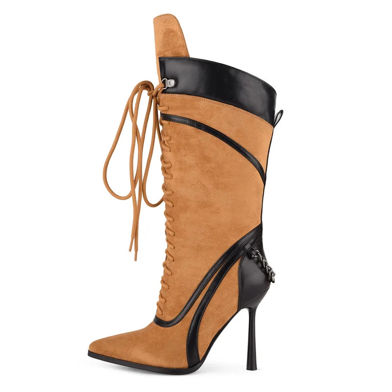 Premium Pointed Toe Lace-Up Stiletto Mid-Calf Boots