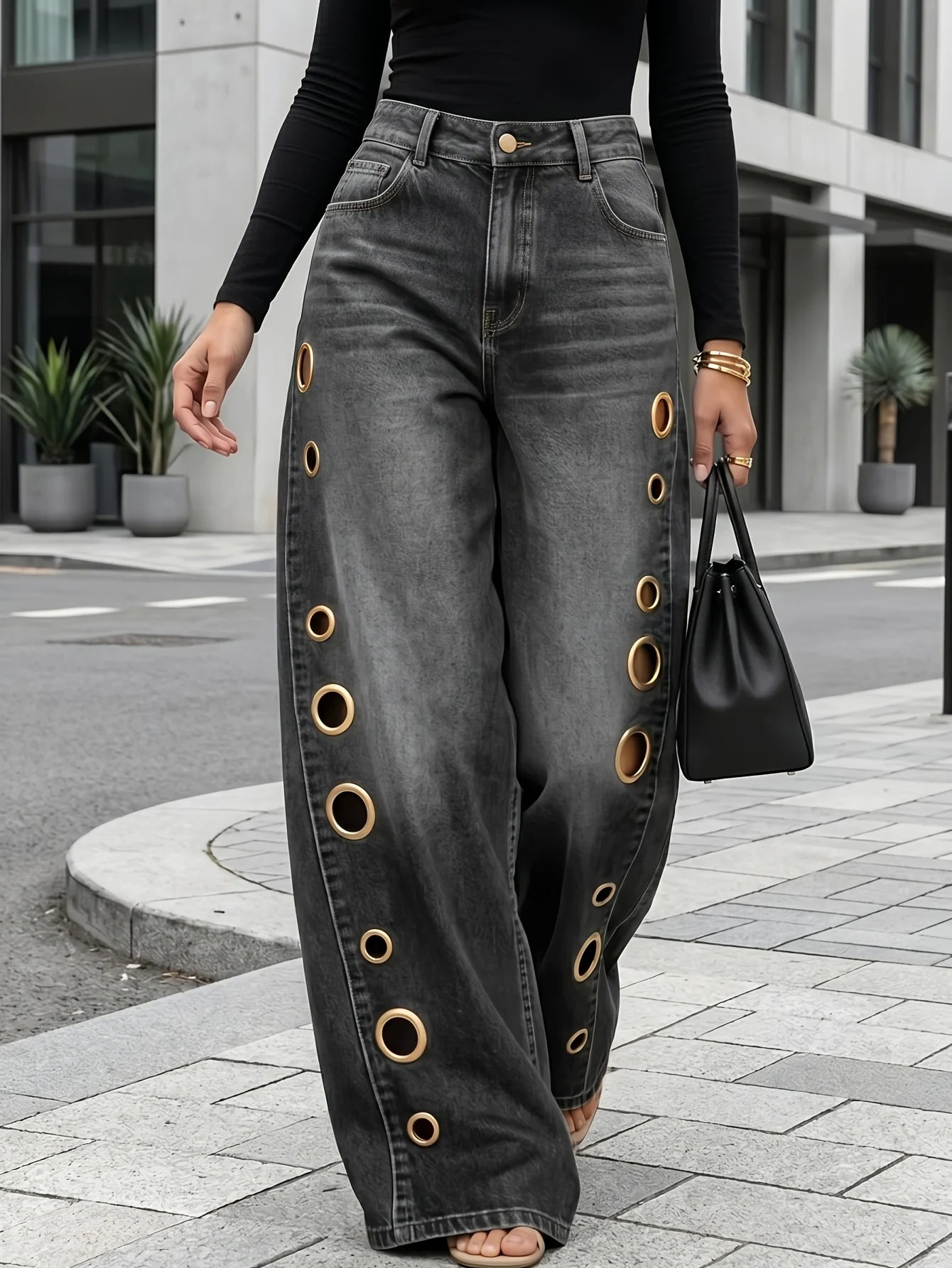 High-Waist Wide-Leg Denim Jeans with Gradient Metallic Eyelet Detail