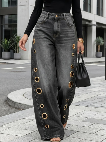 High-Waist Wide-Leg Denim Jeans with Gradient Metallic Eyelet Detail