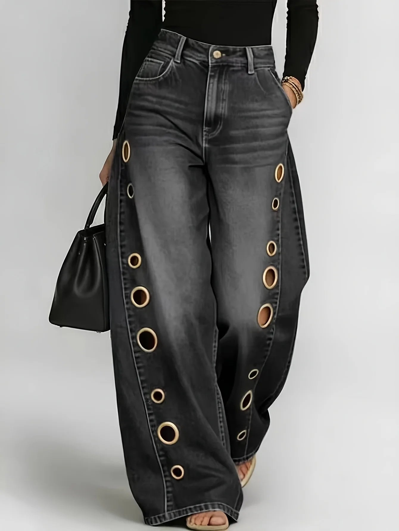 High-Waist Wide-Leg Denim Jeans with Gradient Metallic Eyelet Detail