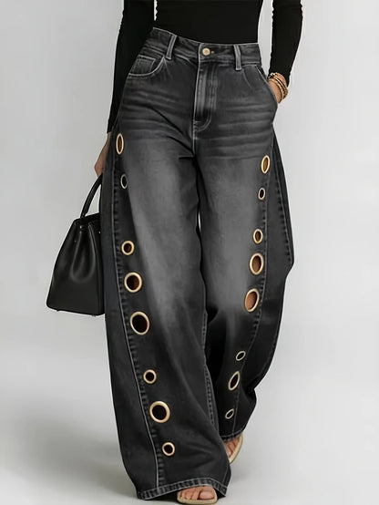High-Waist Wide-Leg Denim Jeans with Gradient Metallic Eyelet Detail