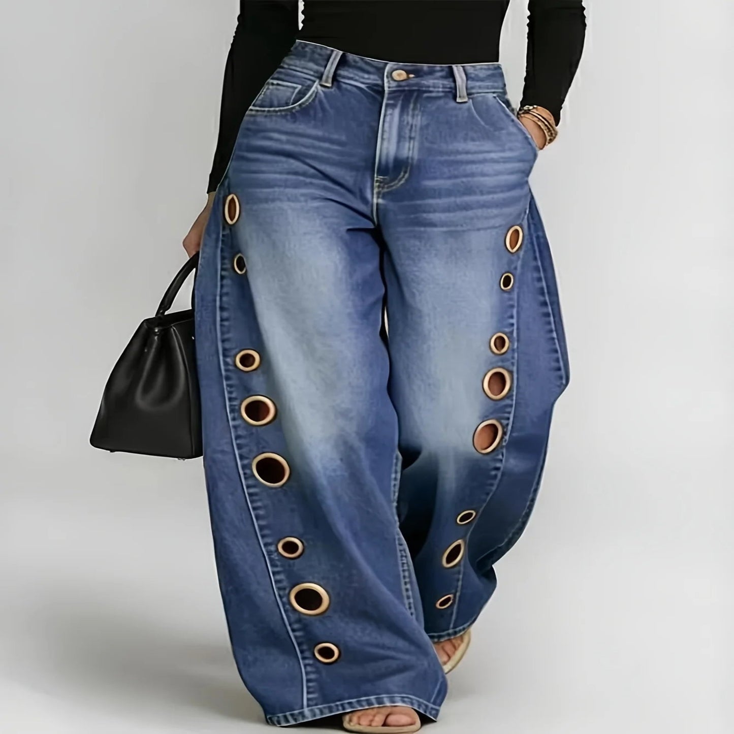 High-Waist Wide-Leg Denim Jeans with Gradient Metallic Eyelet Detail