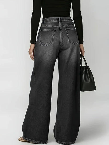 High-Waist Wide-Leg Denim Jeans with Gradient Metallic Eyelet Detail