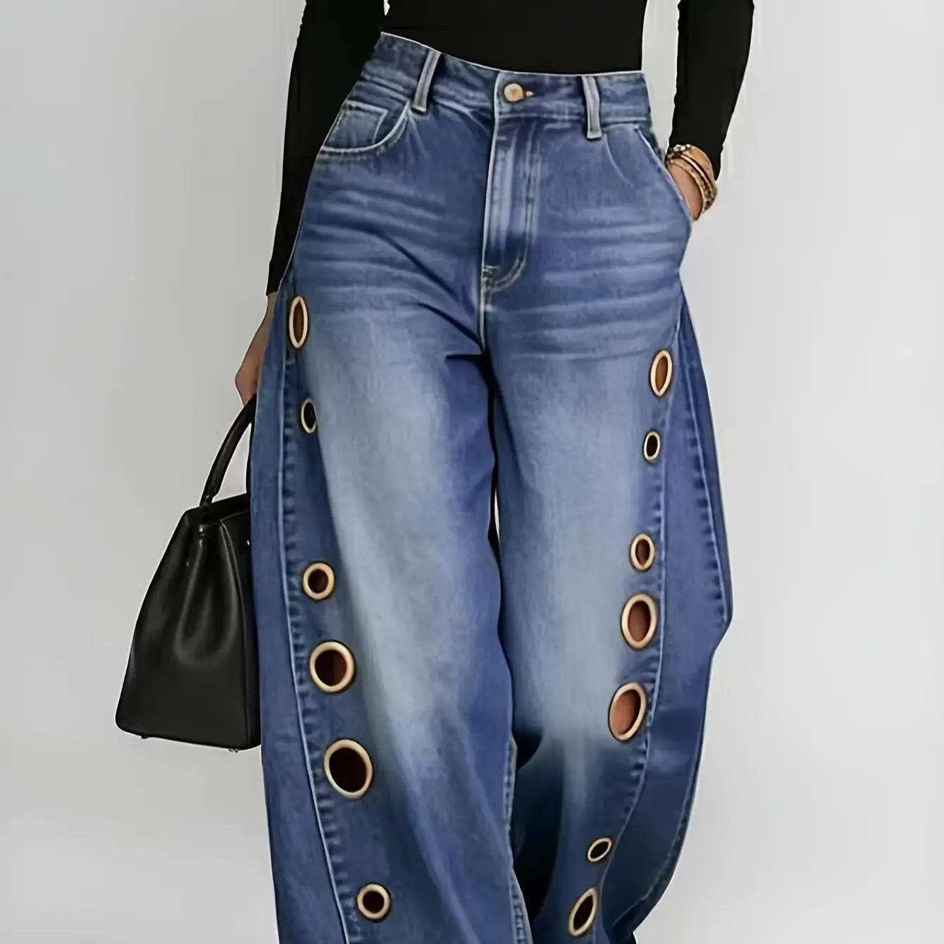 High-Waist Wide-Leg Denim Jeans with Gradient Metallic Eyelet Detail