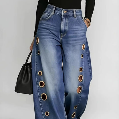 High-Waist Wide-Leg Denim Jeans with Gradient Metallic Eyelet Detail
