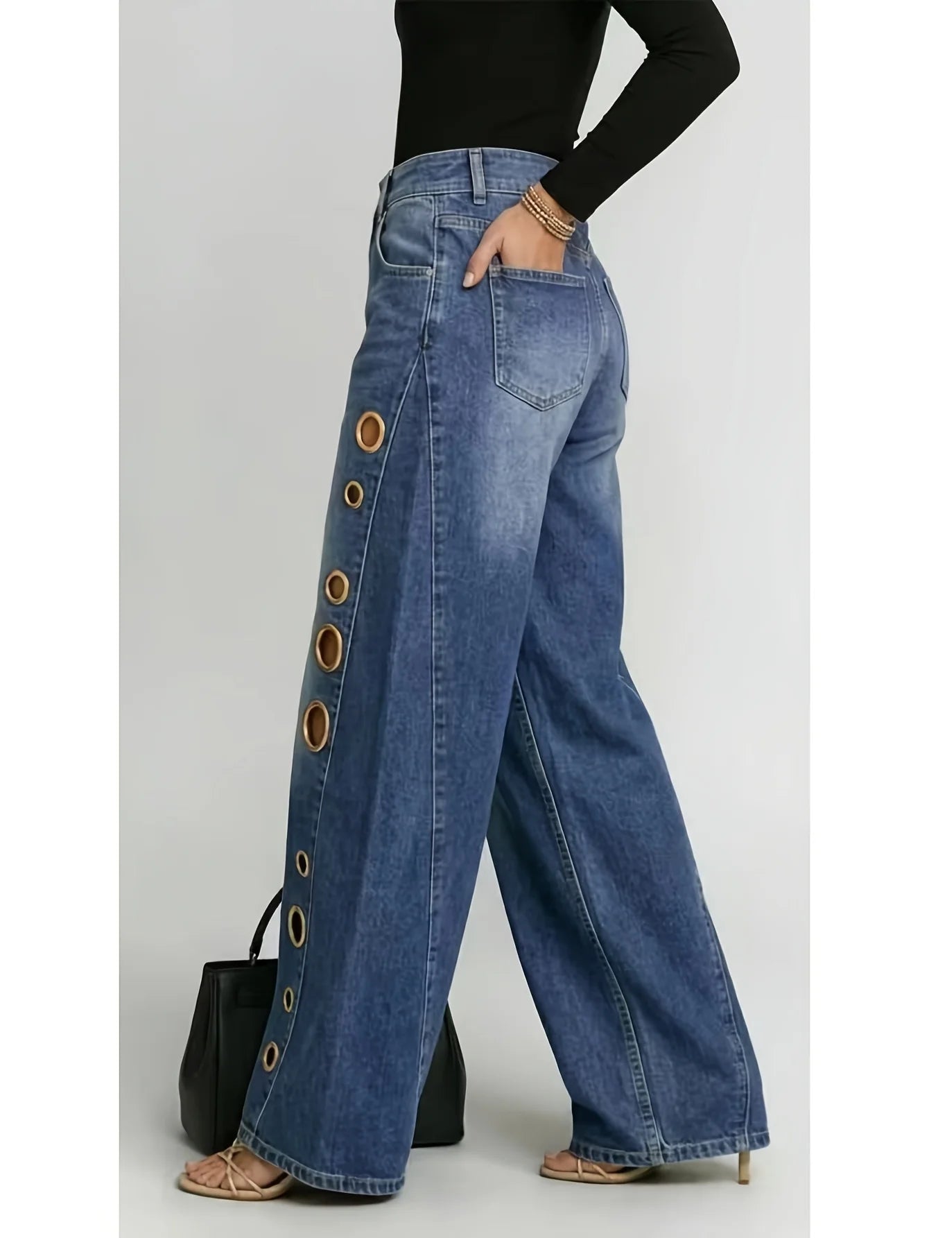 High-Waist Wide-Leg Denim Jeans with Gradient Metallic Eyelet Detail