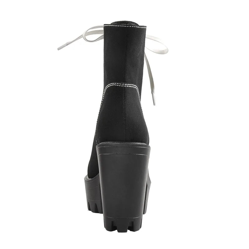 Premium Platform Lace-Up Chunky Heel Ankle Boots