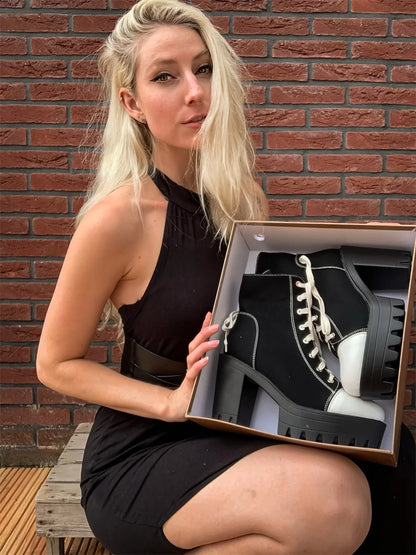 Premium Platform Lace-Up Chunky Heel Ankle Boots
