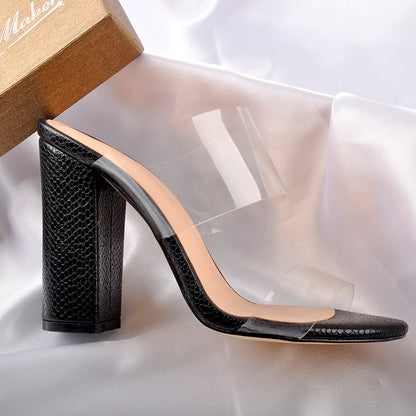 Women's Clear Double Strap Chunky Heel Mule Sandals
