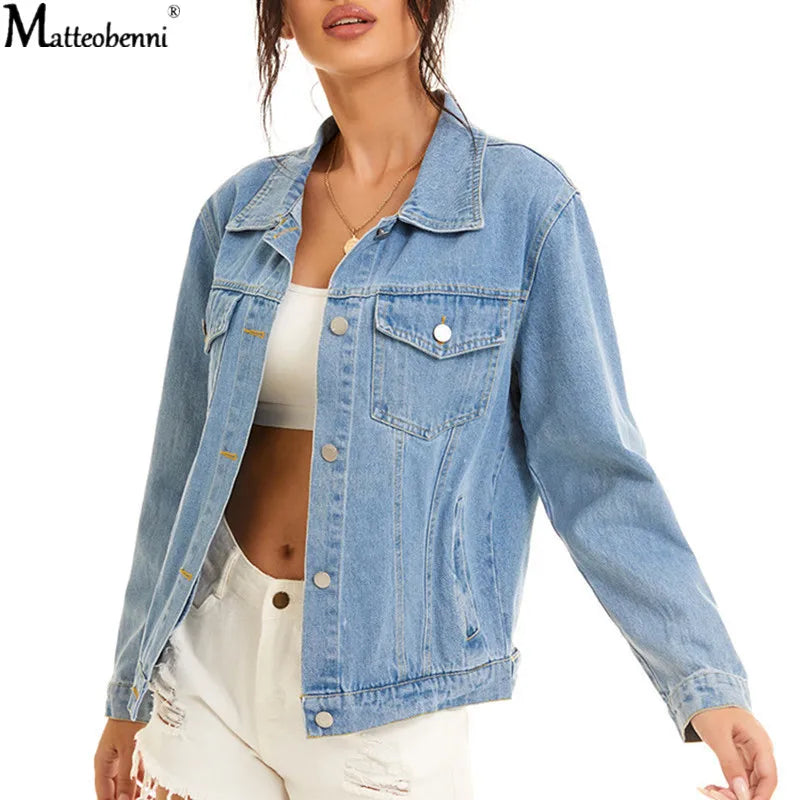 Autumn Womens Denim Jacket Fashion Casual New Jeans Jackets Lady Vintage Loose Washed Distressed Long Sleeve Winter Jeans Coats