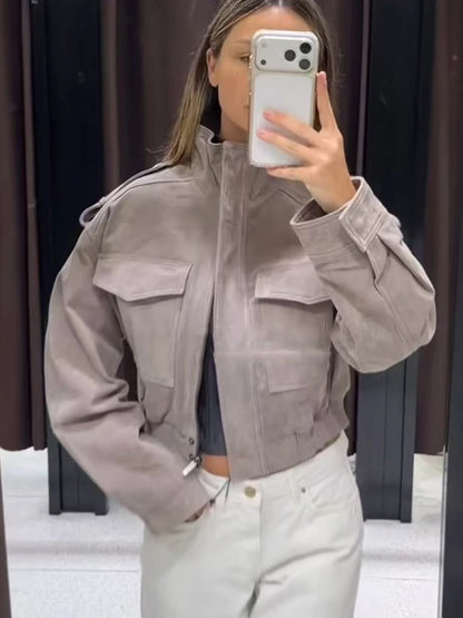 Faux Suede Short Zip-Up Jacket