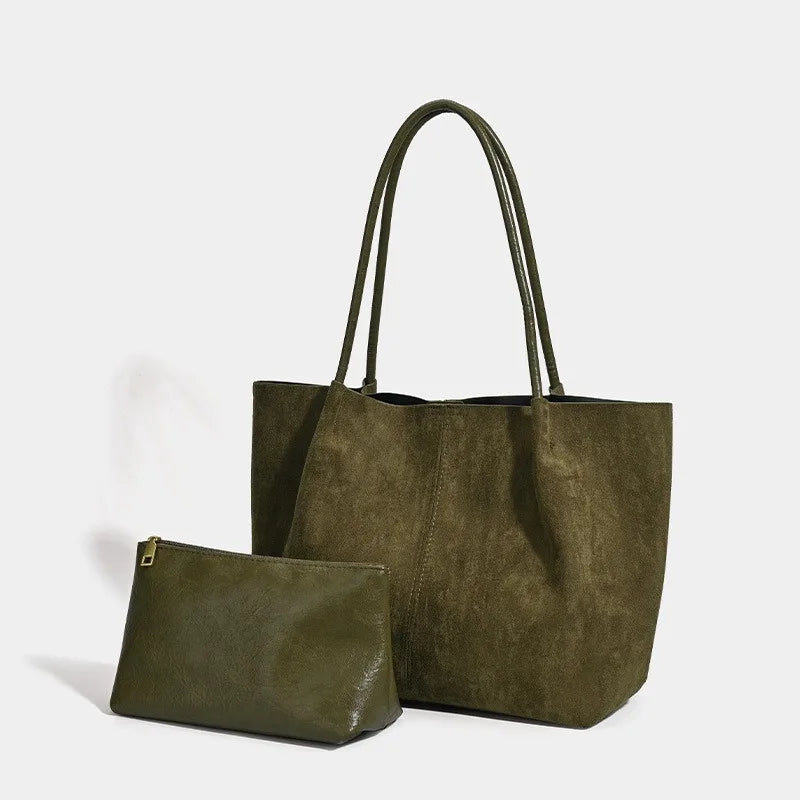 Vintage Suede Tote Bag Set Large Handbags Shoulder Bag with Zipper Pouch, Retro Faux Suede Composite Bag Handbag Purse for Women