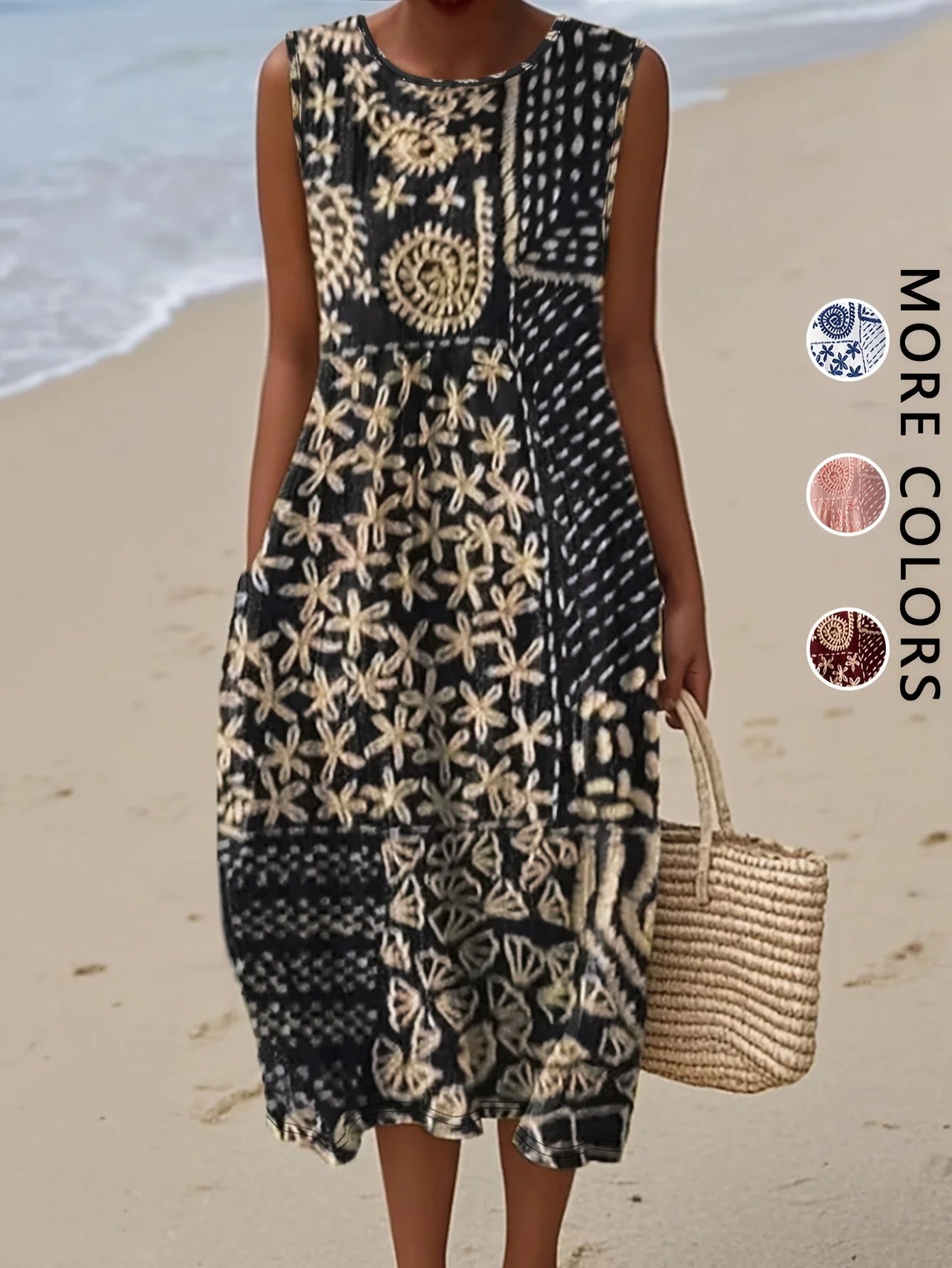 Sleeveless Bohemian Floral Midi Dress with Pockets
