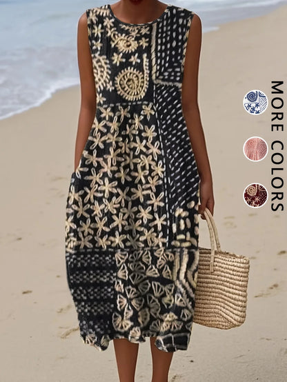 Sleeveless Bohemian Floral Midi Dress with Pockets