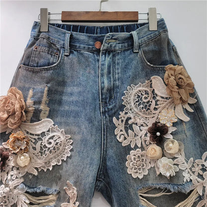 Lace Patchwork Wide Leg Denim Shorts