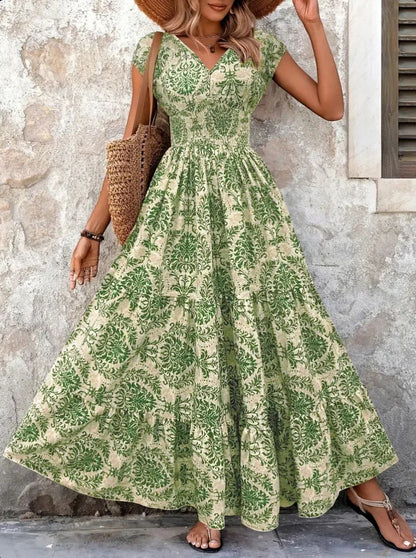 Vintage Floral Print V-Neck Short Sleeve Maxi Dress