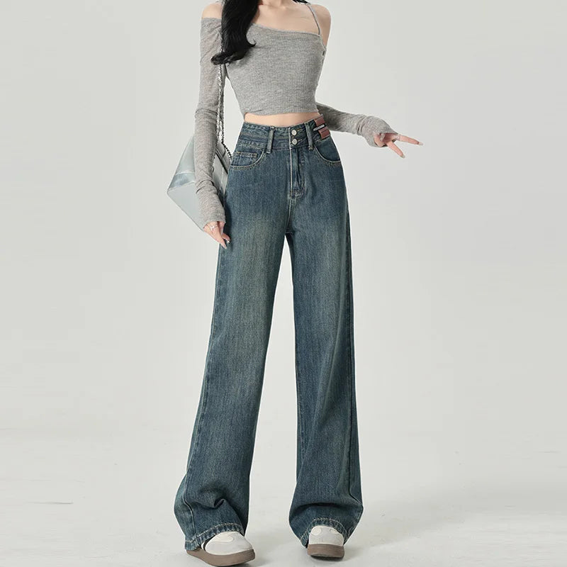 High-Waist Wide Leg Jeans with Contrast Panel Detail
