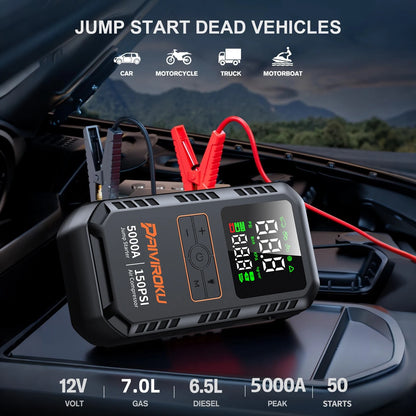 4-in-1 5000A Car Jump Starter with 150 PSI Air Compressor, Tire Inflator & Portable Power Bank
