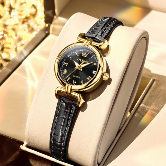 Luxury Vintage Gold Quartz Wrist Watch with Roman Numeral Dial & Leather Strap