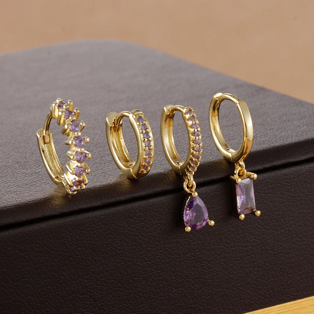4-Piece Stainless Steel Zircon Huggie Hoop Earrings Set for Women