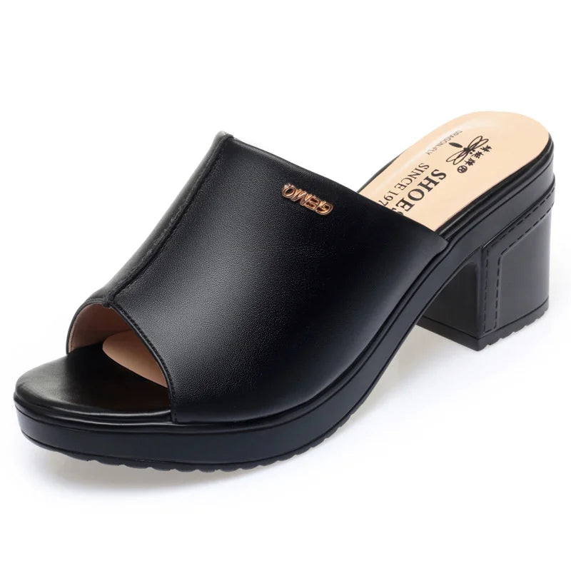 Women's Platform Peep Toe Mule Sandals with Chunky Heel