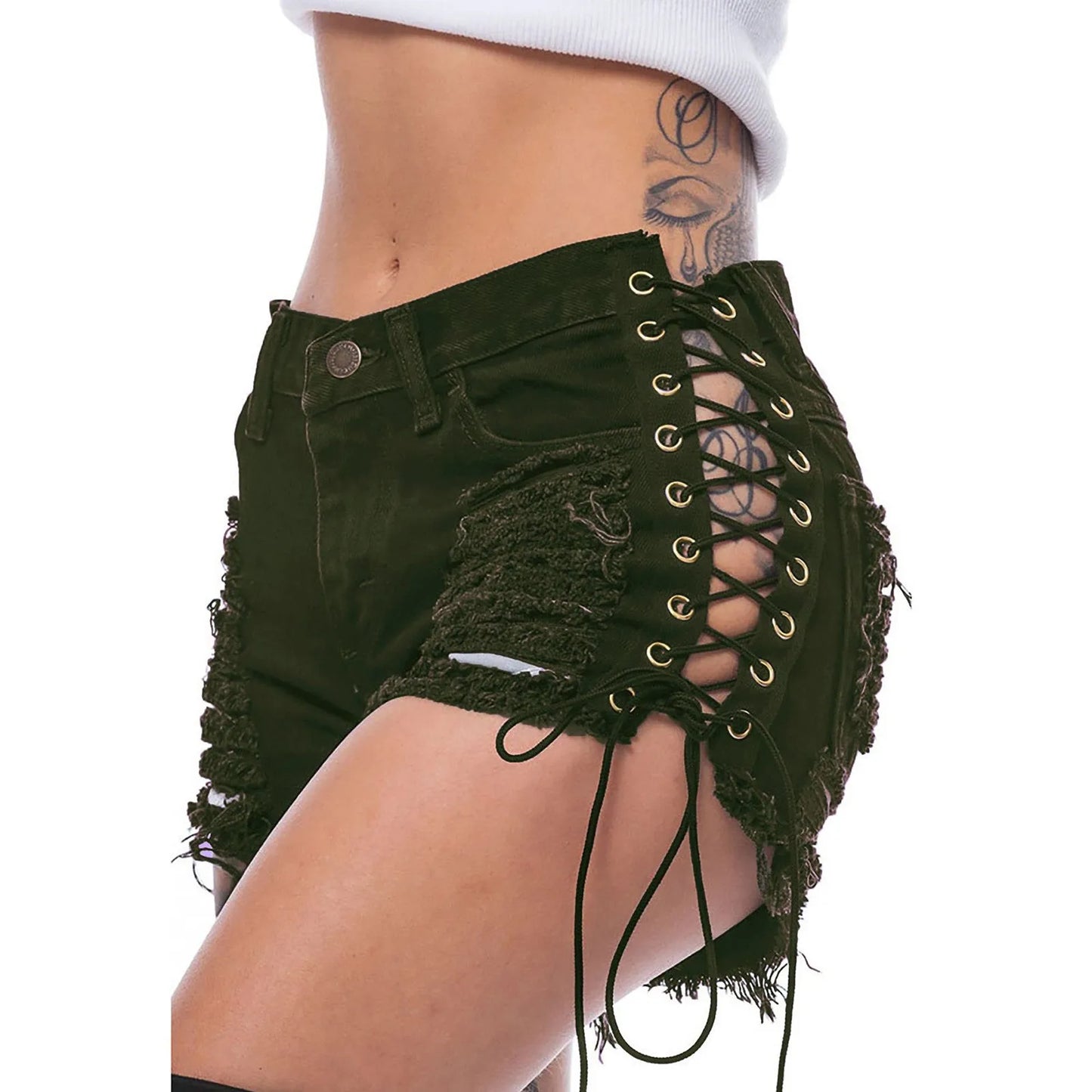 Side Lace-Up Distressed Casual Denim Shorts