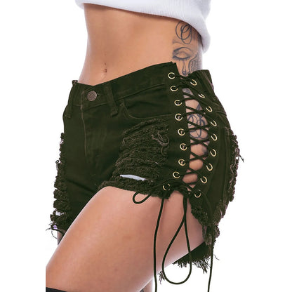 Side Lace-Up Distressed Casual Denim Shorts