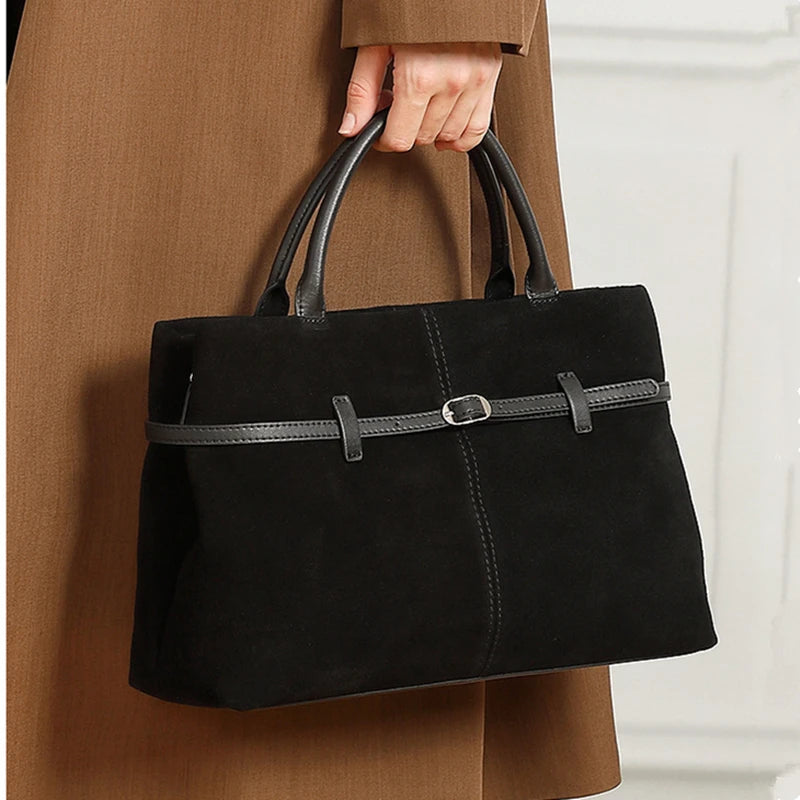 BURMINSA Large Genuine Suede Leather Work Tote Bag Women Vintage Cowhide Top Handle Shoulder Bag Daily Office Commuter Handbags