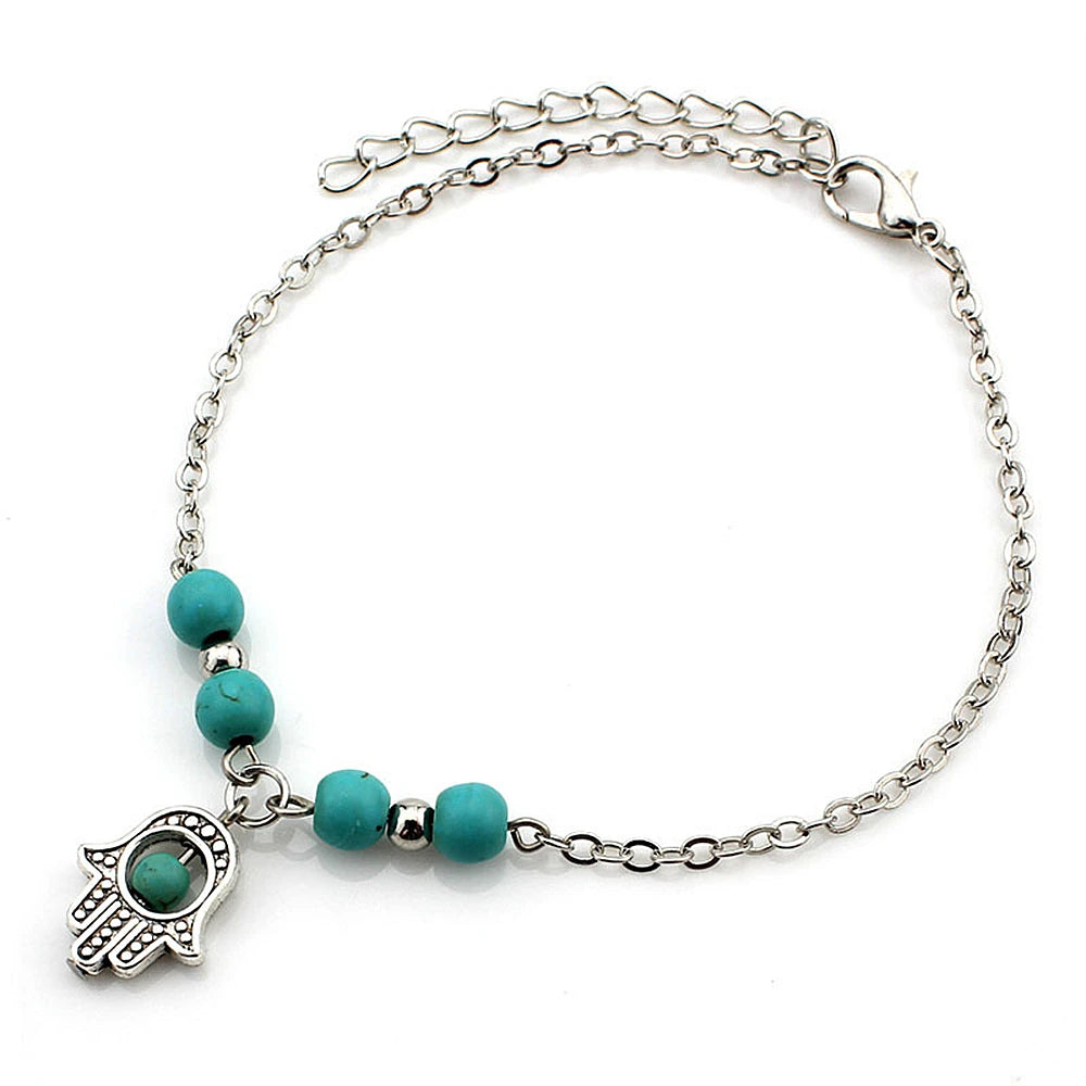 Bohemian Turquoise Starfish Beaded Anklet with Adjustable Chain