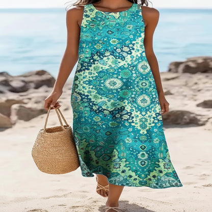 Sleeveless Bohemian Floral Midi Dress with Pockets