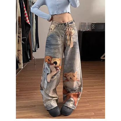 High-Waist Colorful Bear Print Straight-Leg Denim Jean