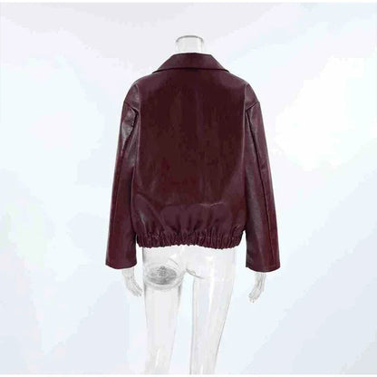 Faux Leather Lapel Zipper Jacket