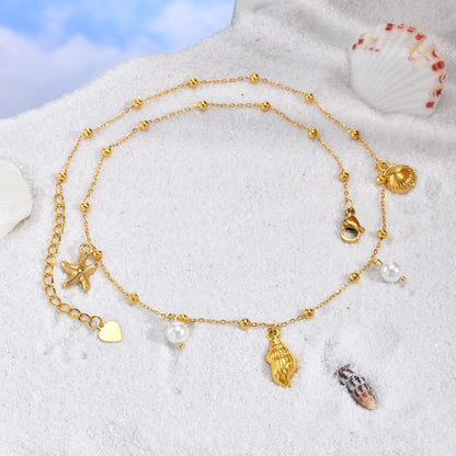 18K Gold Plated Stainless Steel Beach Charm Necklace with Pearl, Shell & Starfish