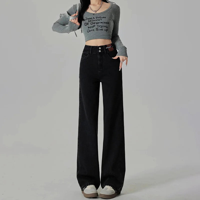 High-Waist Wide Leg Jeans with Contrast Panel Detail