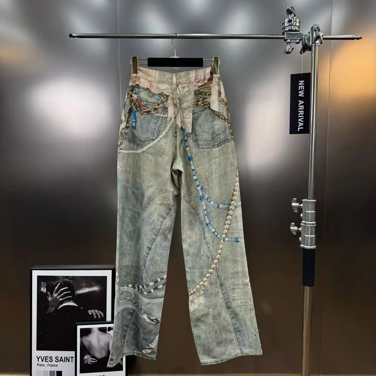 Premium High-Waist Straight Leg Jeans with Lace, Pearl & Chain Detail