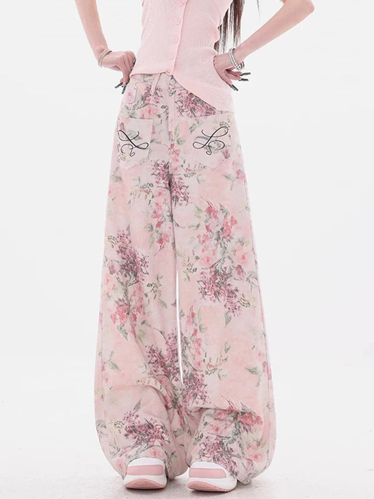 Embroidered Wide-Leg Denim Jeans with Printed Design