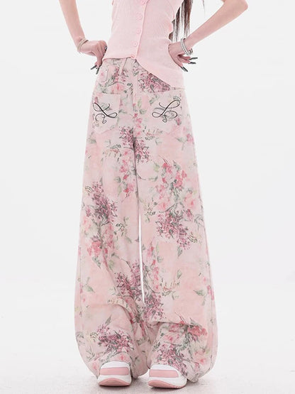 Embroidered Wide-Leg Denim Jeans with Printed Design