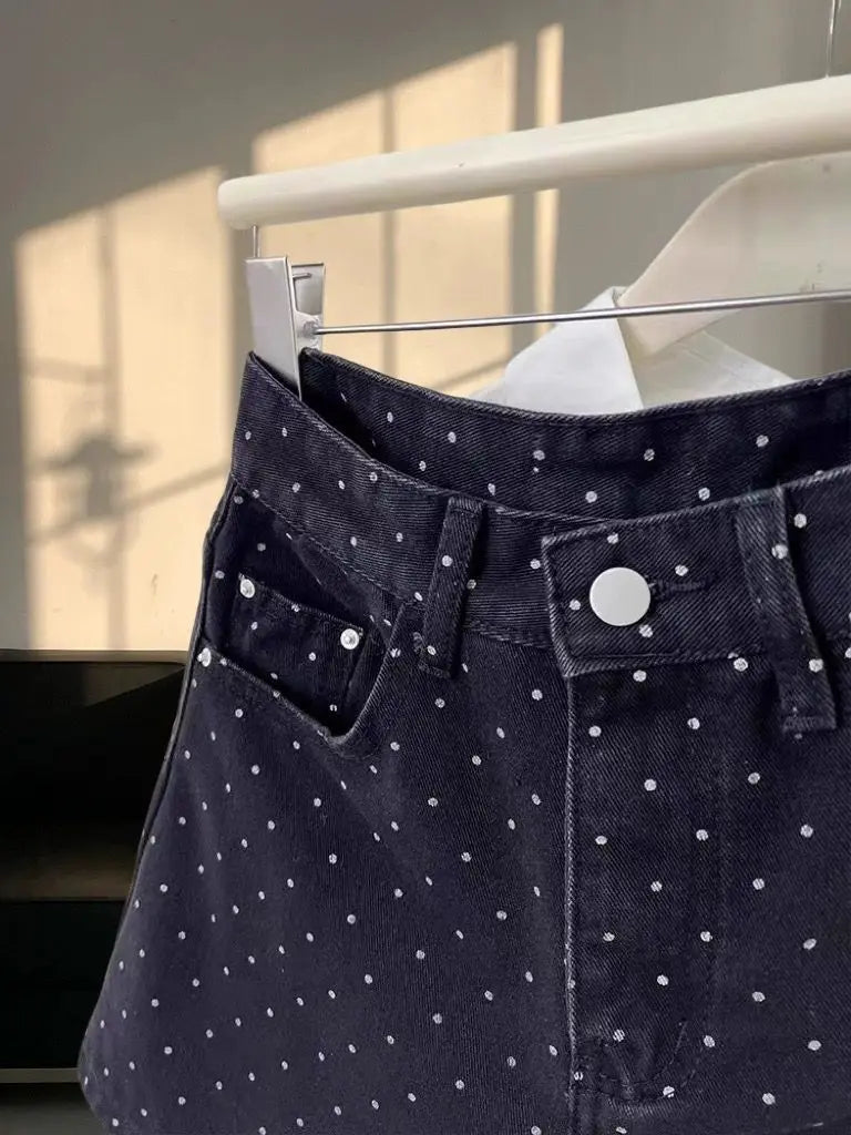 High Waist Polka Dot A-Line Denim Shorts