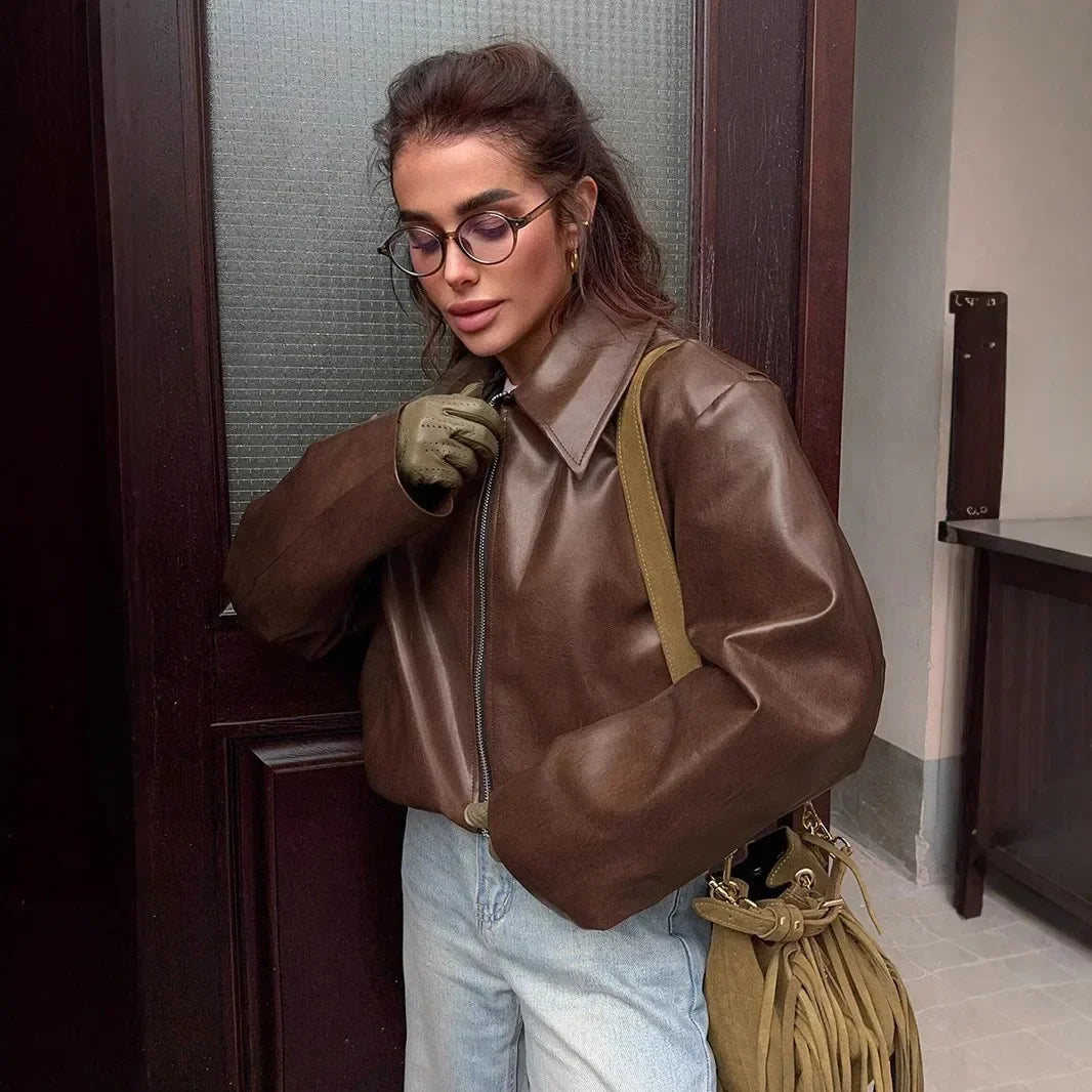 Faux Leather Lapel Zipper Jacket