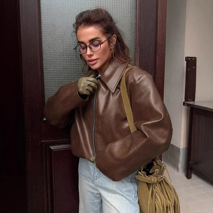 Faux Leather Lapel Zipper Jacket